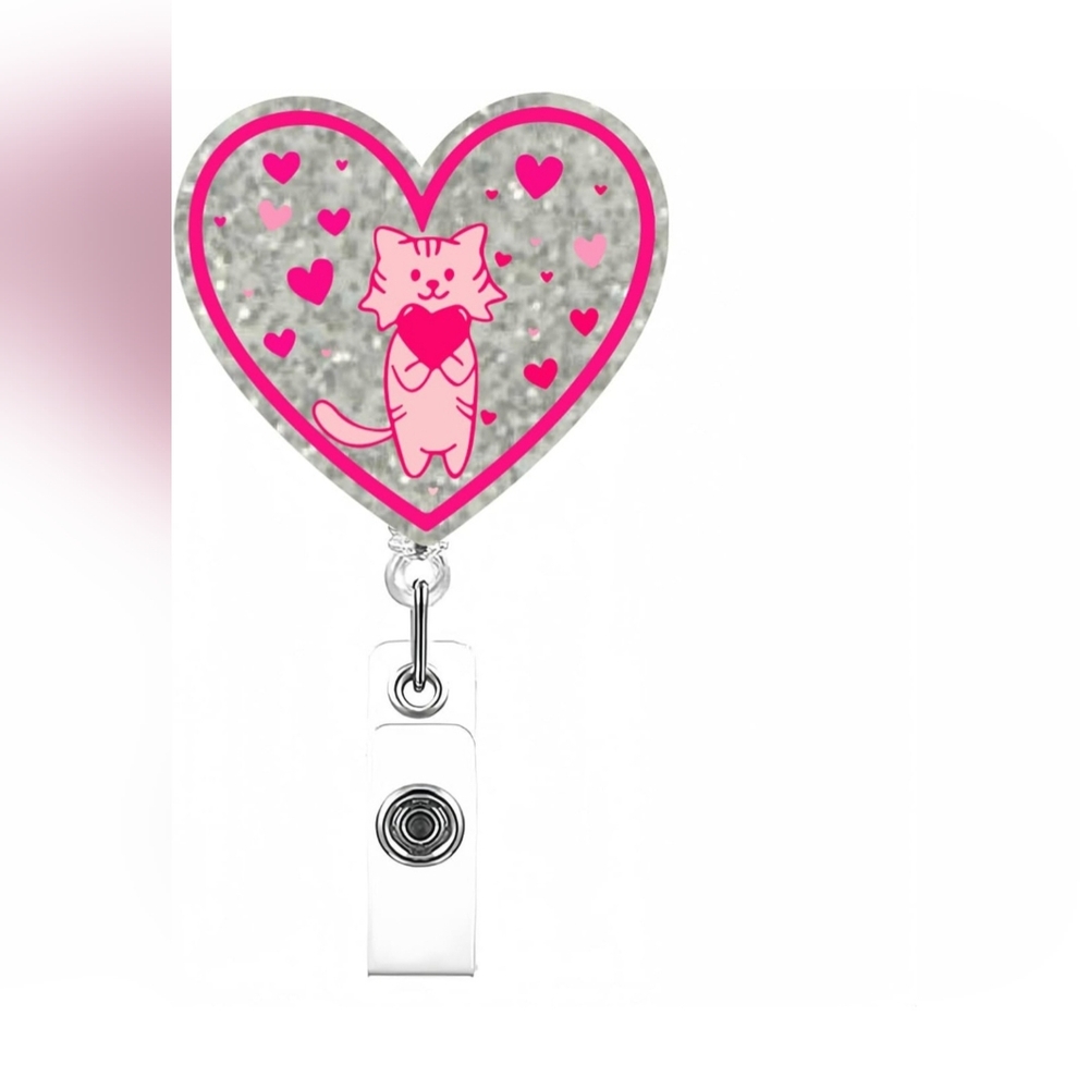 Sparkley Heart Cat Badge Holder Retractable Clip Badge Reel Cute ID